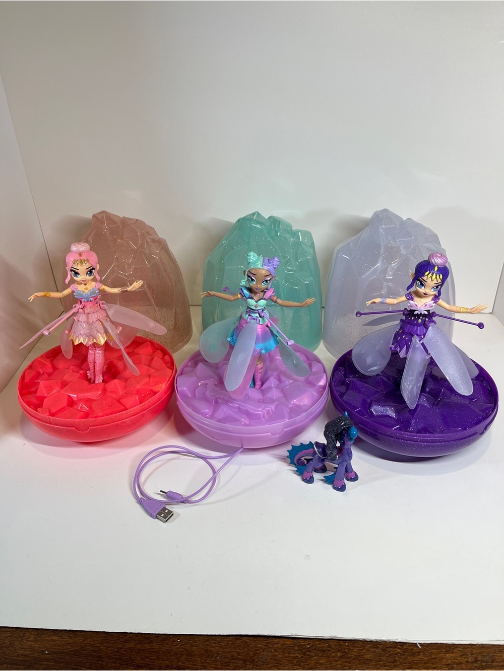 Hatchimals Pixies Crystal Flyers Lot Pink Purple Teal Flying Fairy Dolls Charger